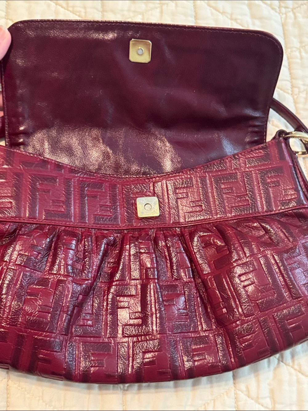 Authentic Fendi Wine Red Embossed FF Leather Shoulder Bag - Picture 9 of 12